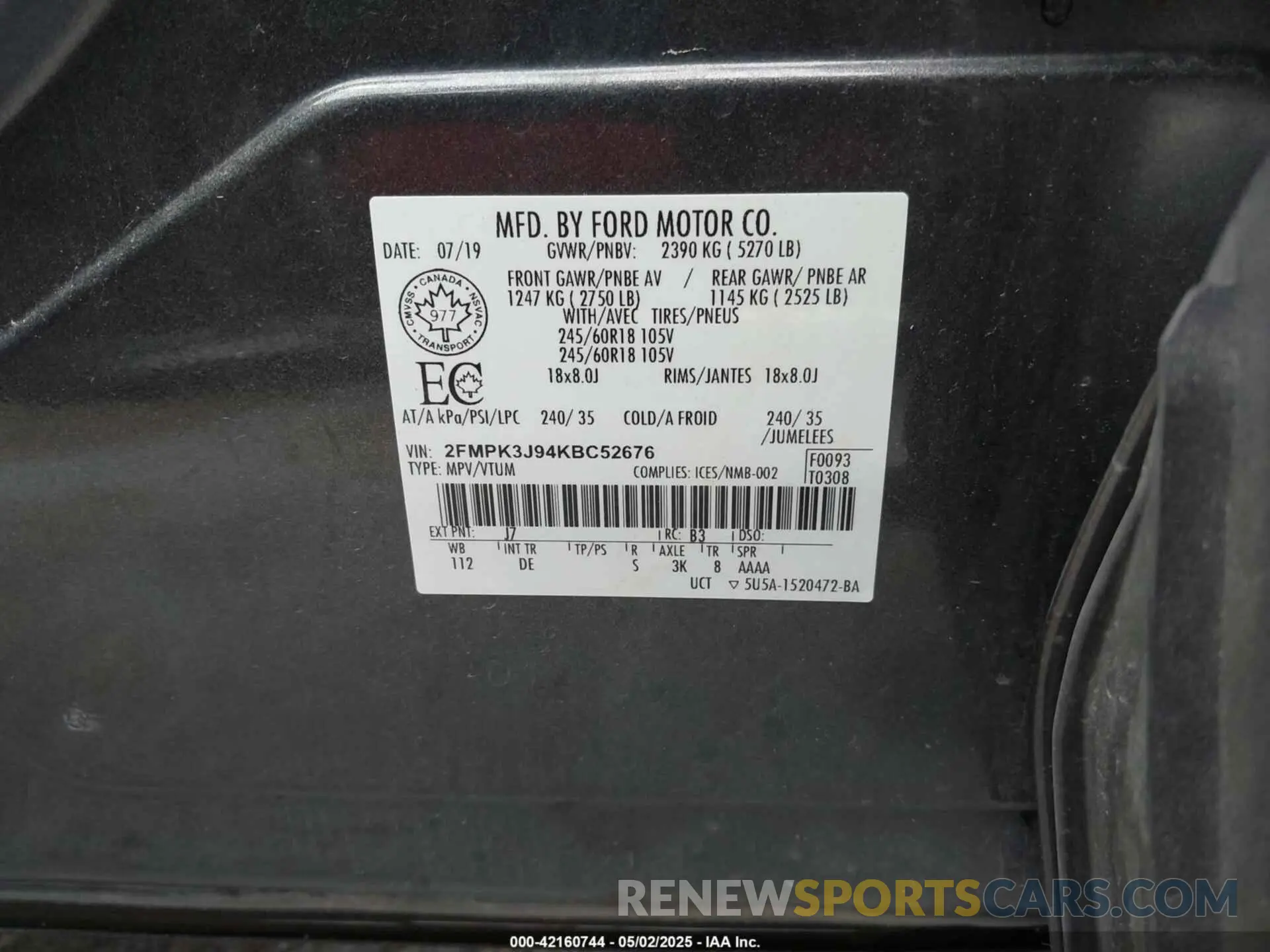 9 Photograph of a damaged car 2FMPK3J94KBC52676 FORD EDGE 2019