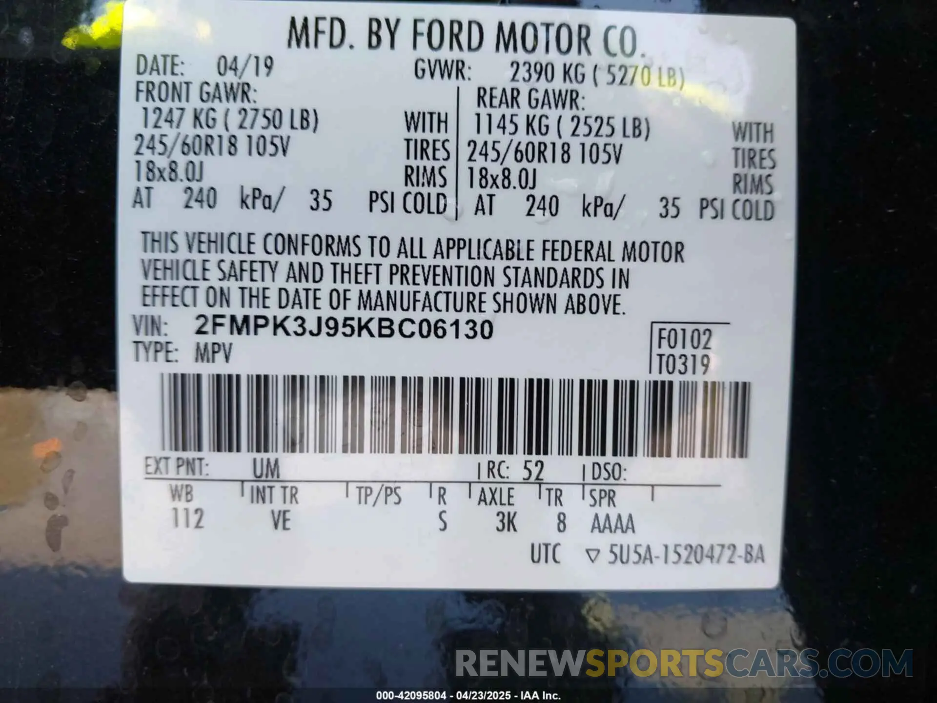 9 Photograph of a damaged car 2FMPK3J95KBC06130 FORD EDGE 2019