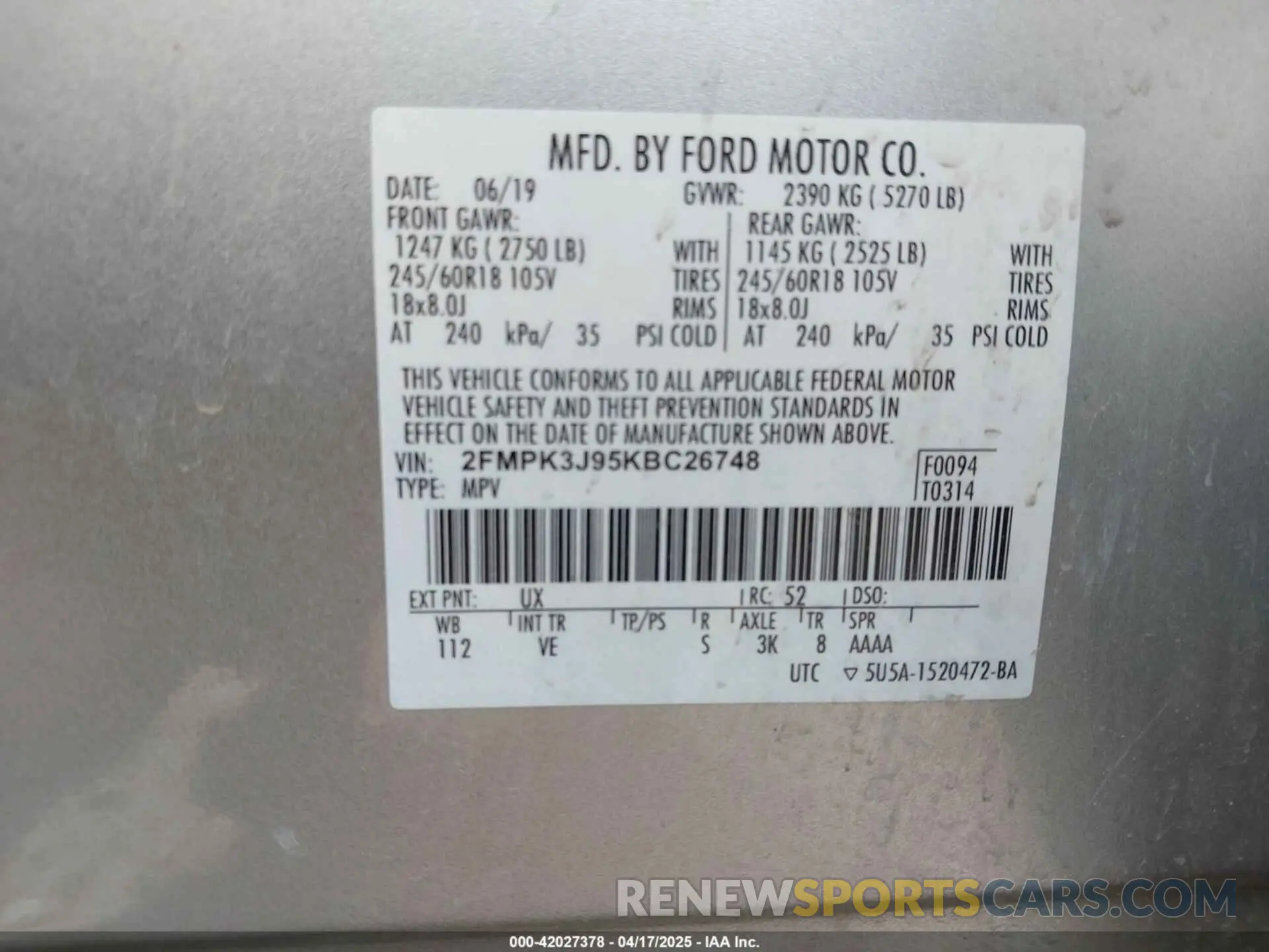 9 Photograph of a damaged car 2FMPK3J95KBC26748 FORD EDGE 2019