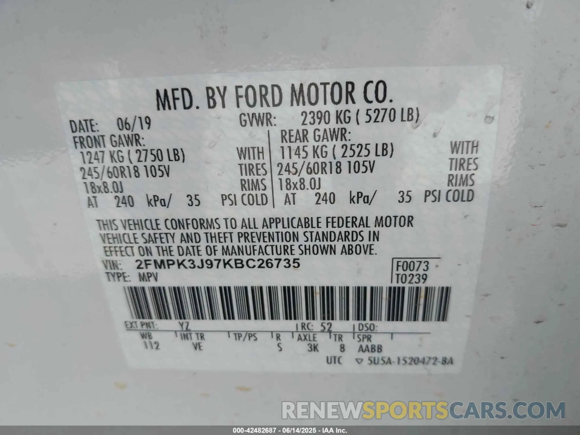 9 Photograph of a damaged car 2FMPK3J97KBC26735 FORD EDGE 2019