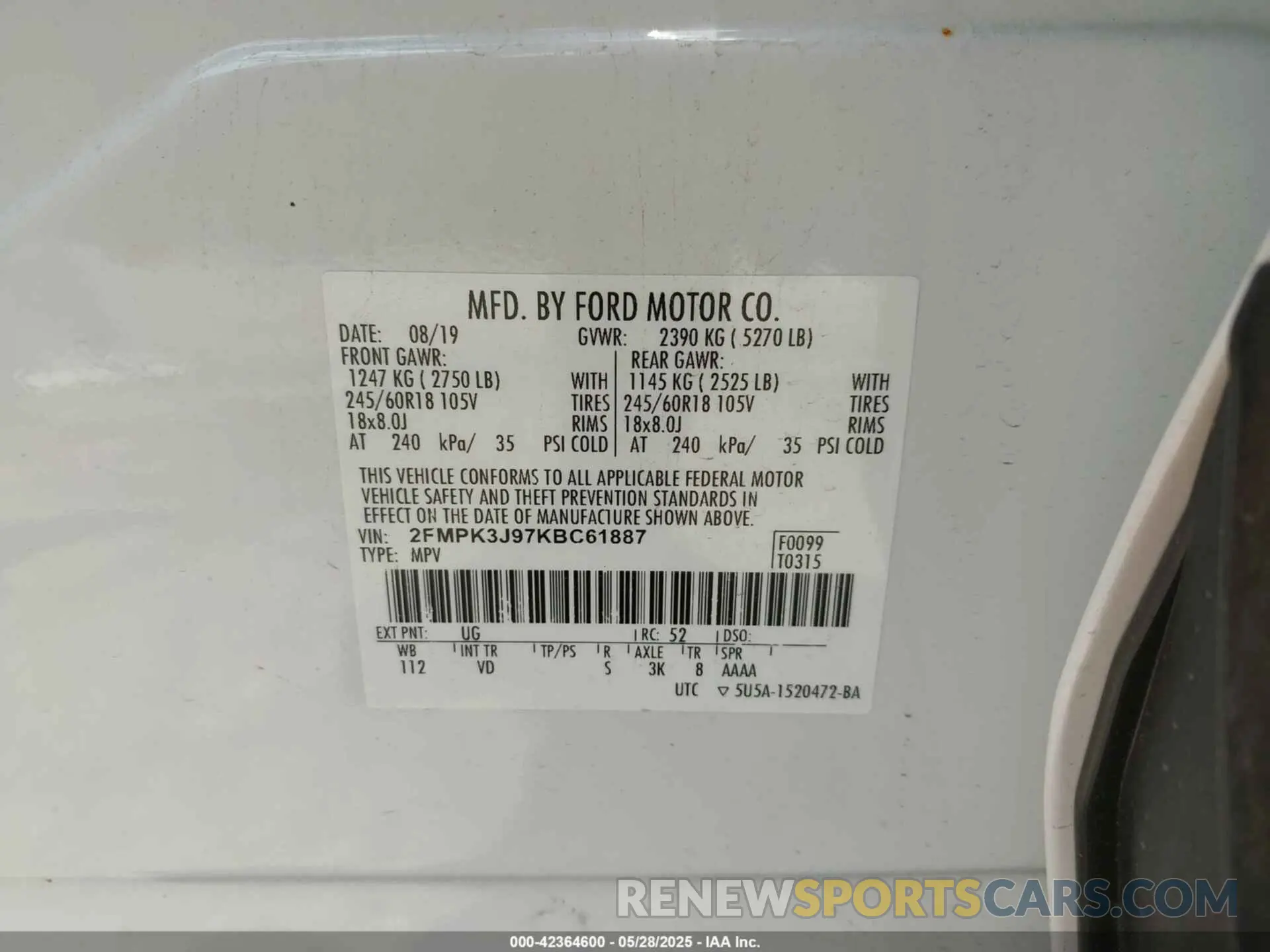 9 Photograph of a damaged car 2FMPK3J97KBC61887 FORD EDGE 2019