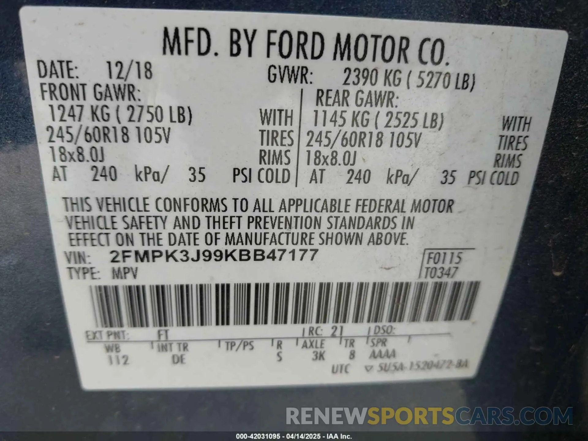 9 Photograph of a damaged car 2FMPK3J99KBB47177 FORD EDGE 2019