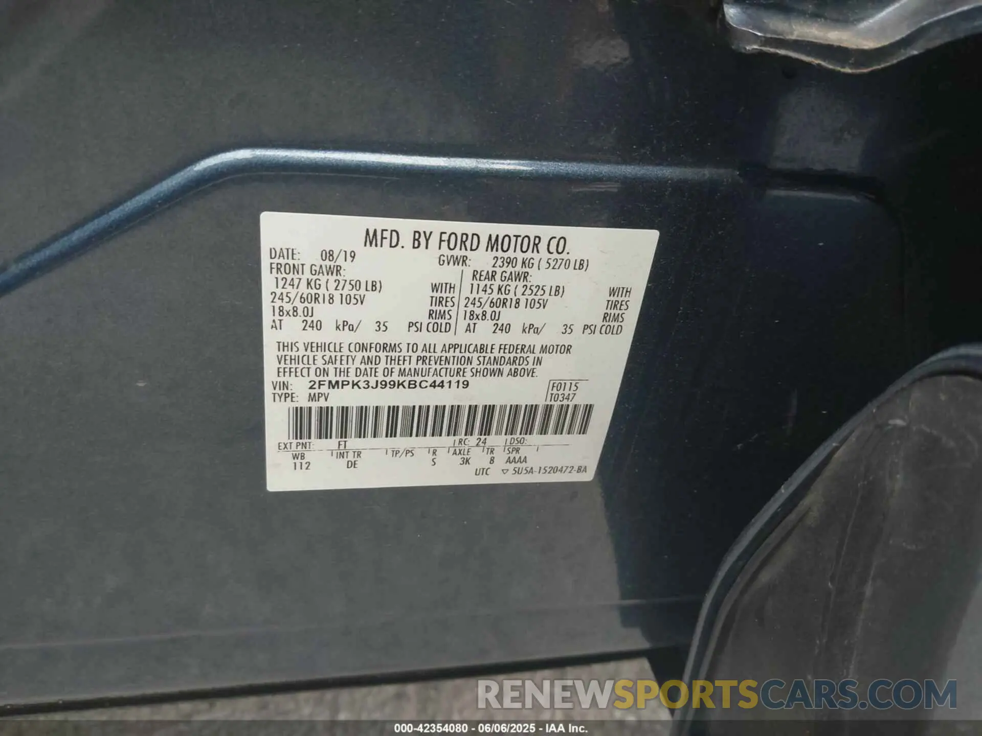 9 Photograph of a damaged car 2FMPK3J99KBC44119 FORD EDGE 2019