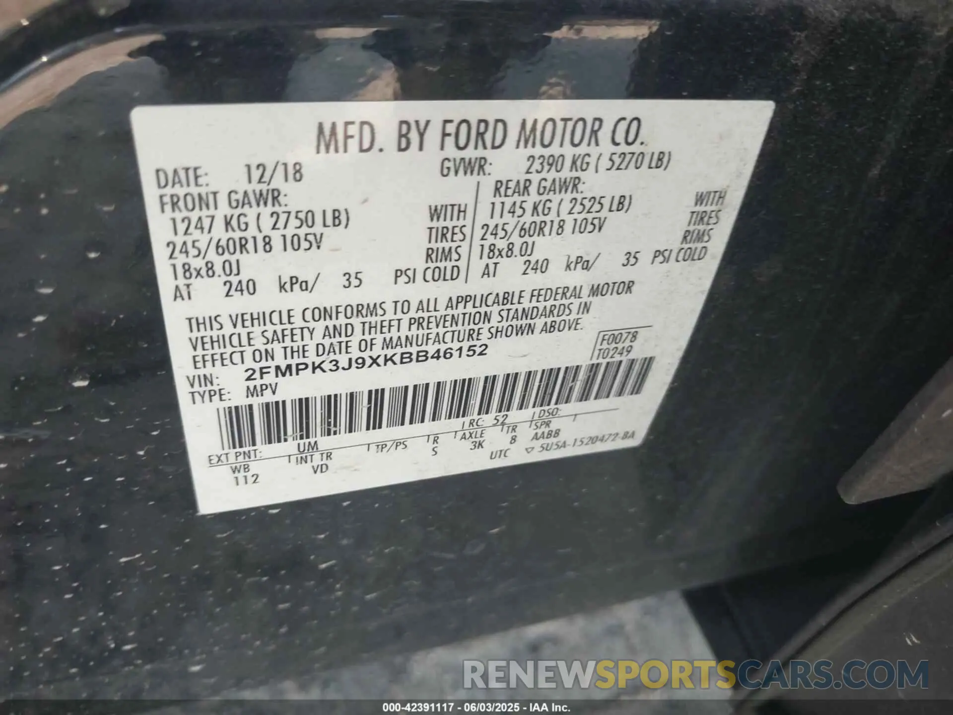 9 Photograph of a damaged car 2FMPK3J9XKBB46152 FORD EDGE 2019