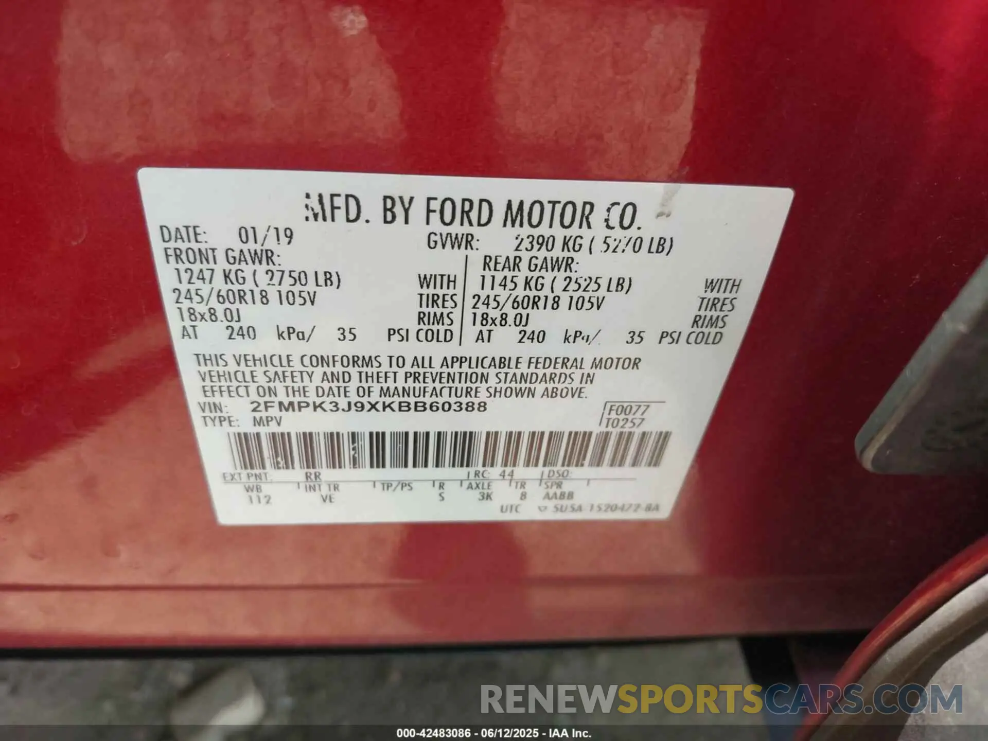9 Photograph of a damaged car 2FMPK3J9XKBB60388 FORD EDGE 2019