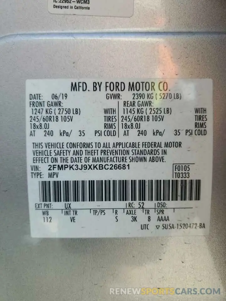 12 Photograph of a damaged car 2FMPK3J9XKBC26681 FORD EDGE 2019