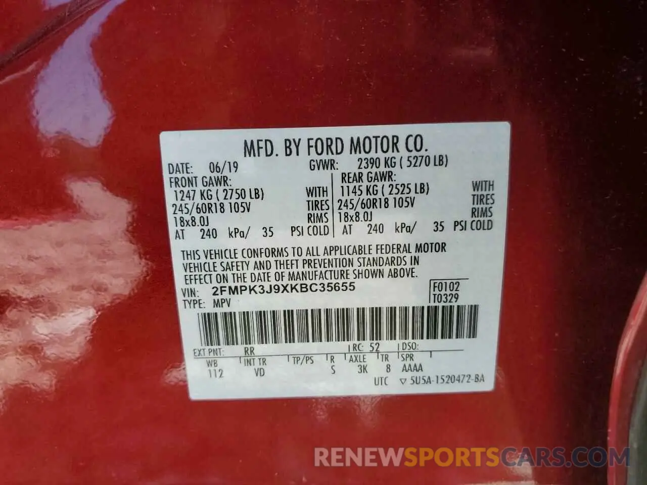15 Photograph of a damaged car 2FMPK3J9XKBC35655 FORD EDGE 2019