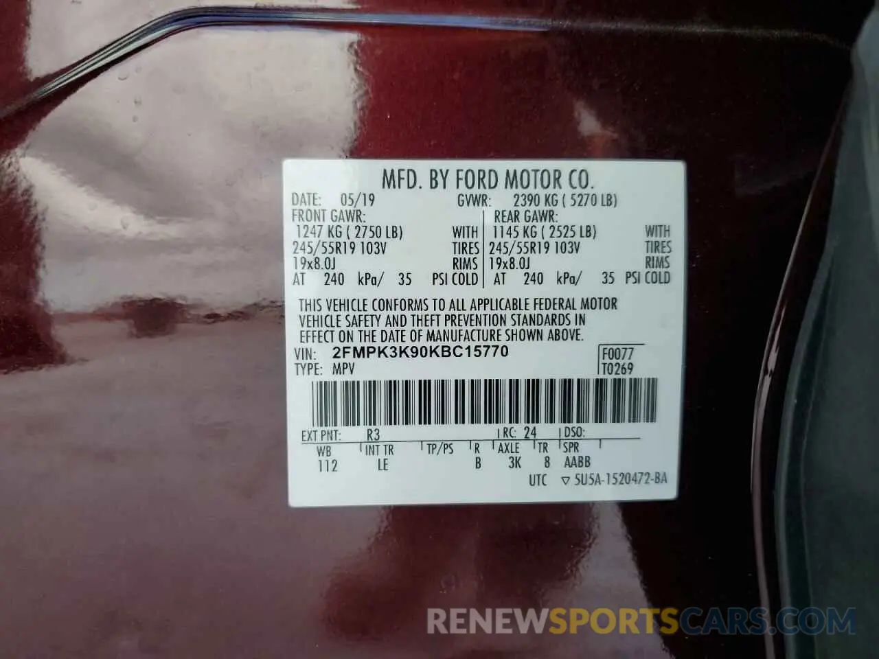 13 Photograph of a damaged car 2FMPK3K90KBC15770 FORD EDGE 2019