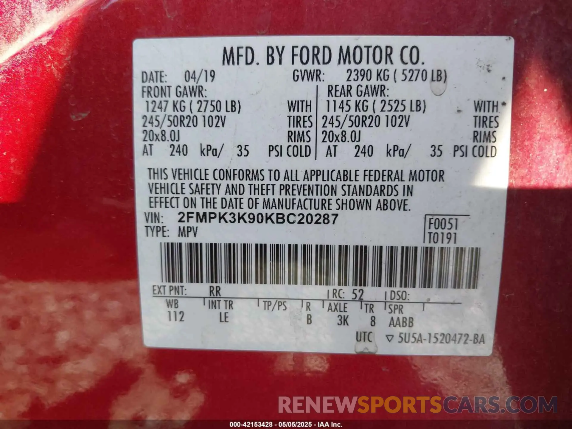 9 Photograph of a damaged car 2FMPK3K90KBC20287 FORD EDGE 2019