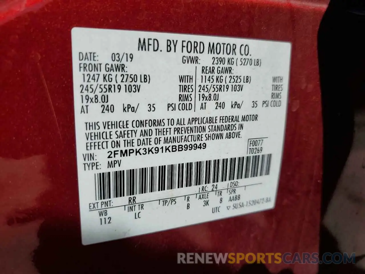 13 Photograph of a damaged car 2FMPK3K91KBB99949 FORD EDGE 2019