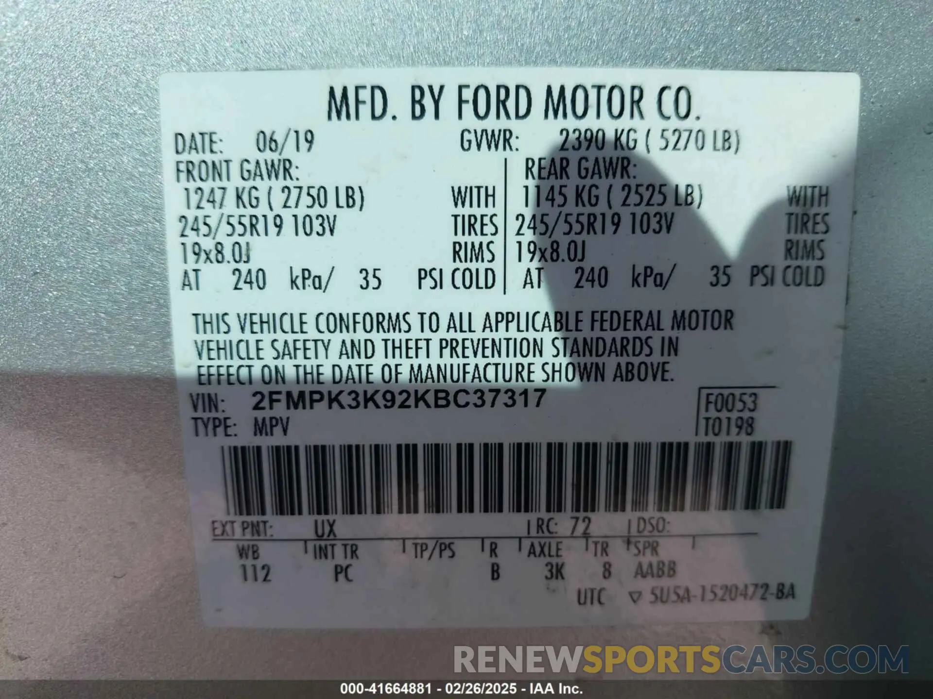 9 Photograph of a damaged car 2FMPK3K92KBC37317 FORD EDGE 2019