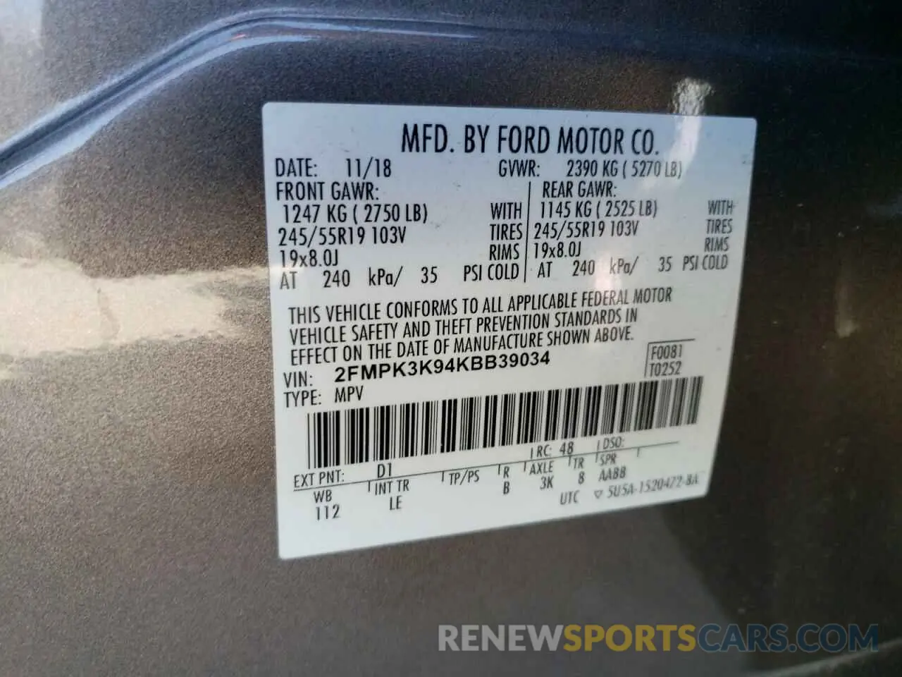 15 Photograph of a damaged car 2FMPK3K94KBB39034 FORD EDGE 2019