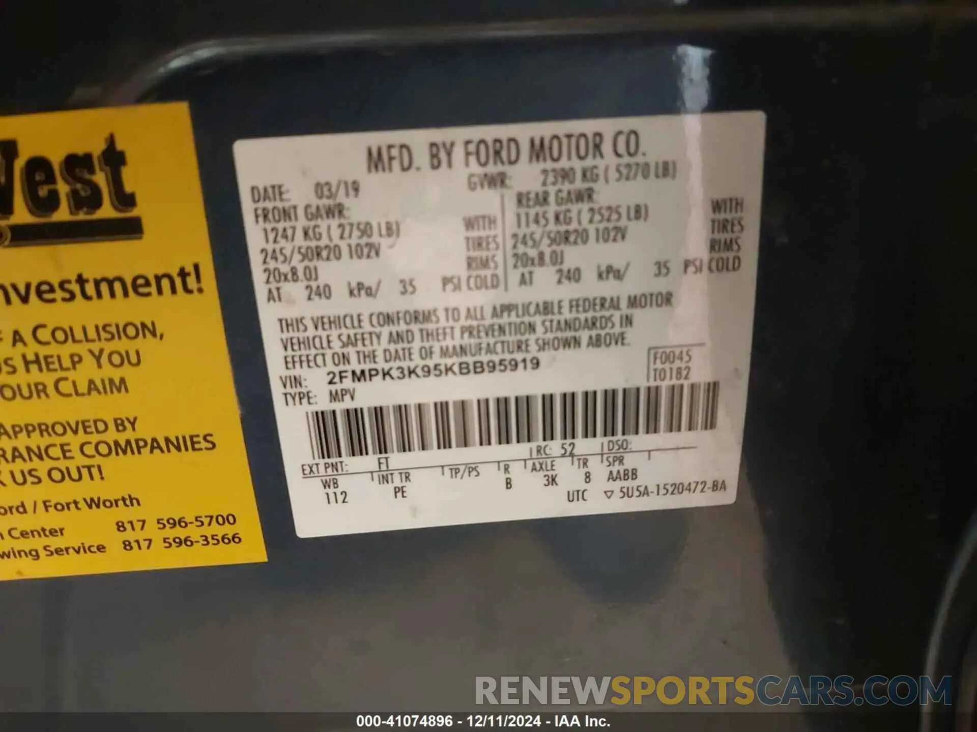 9 Photograph of a damaged car 2FMPK3K95KBB95919 FORD EDGE 2019