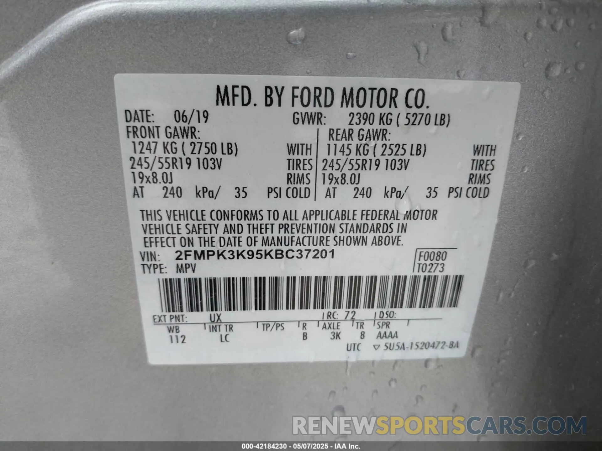 9 Photograph of a damaged car 2FMPK3K95KBC37201 FORD EDGE 2019