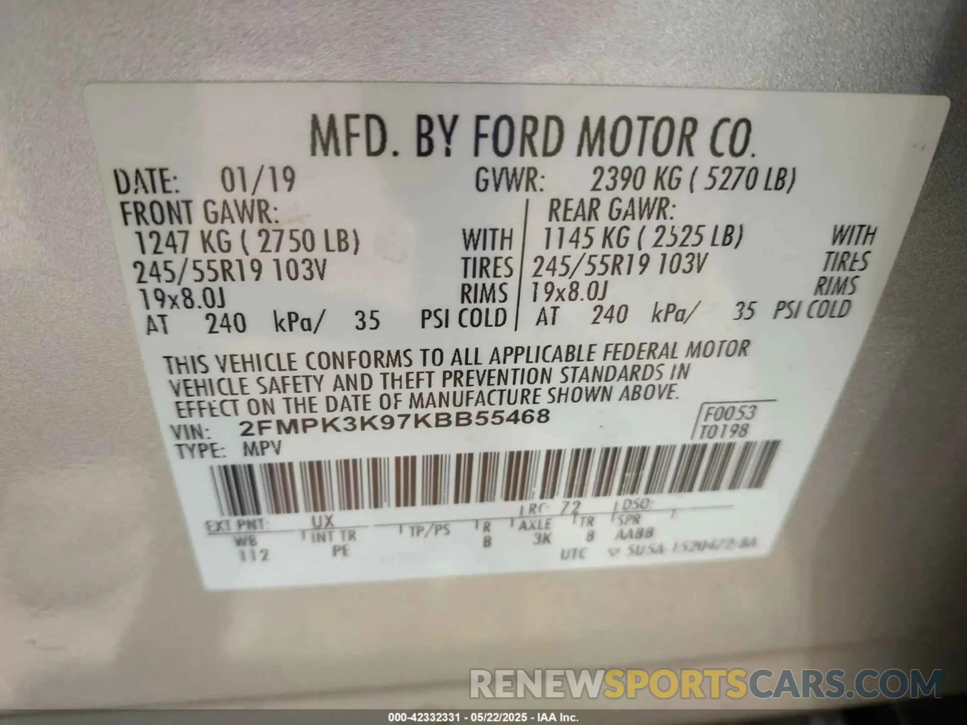 9 Photograph of a damaged car 2FMPK3K97KBB55468 FORD EDGE 2019