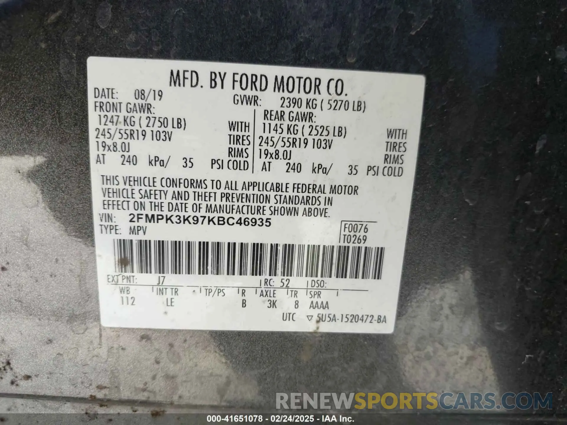 9 Photograph of a damaged car 2FMPK3K97KBC46935 FORD EDGE 2019