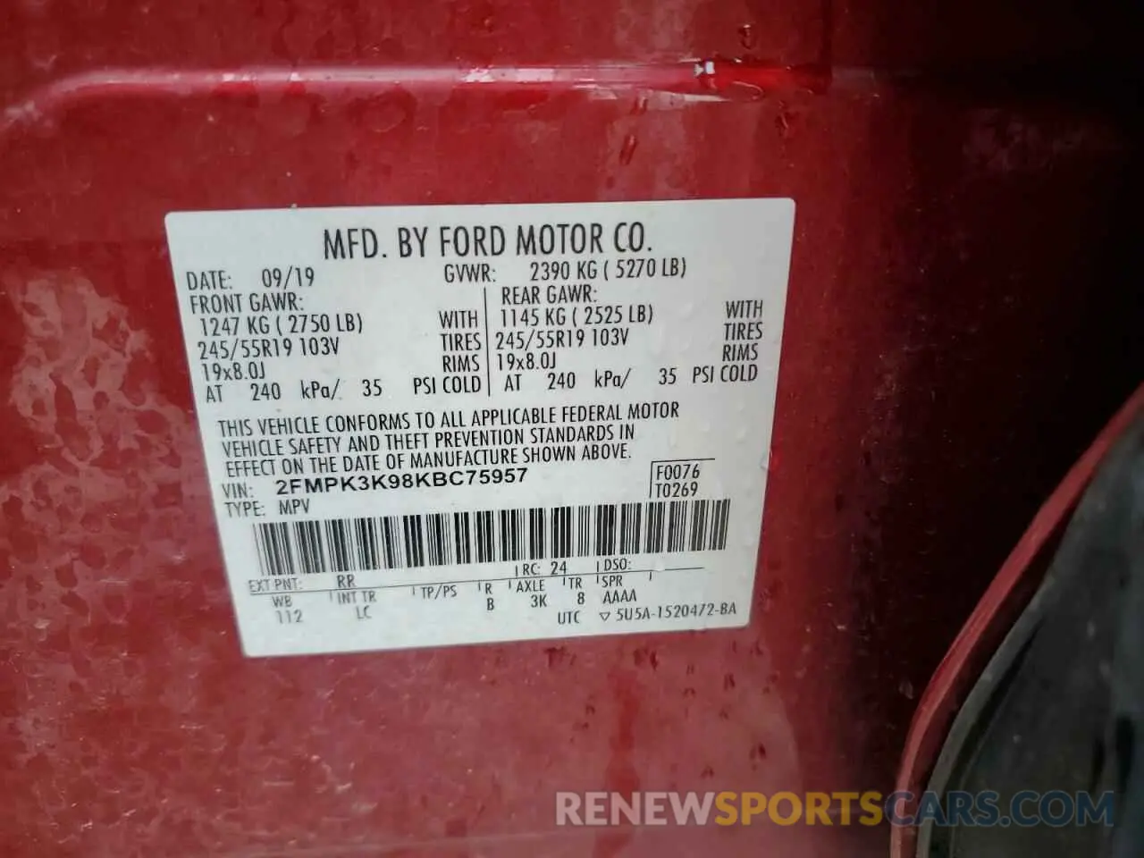 13 Photograph of a damaged car 2FMPK3K98KBC75957 FORD EDGE 2019