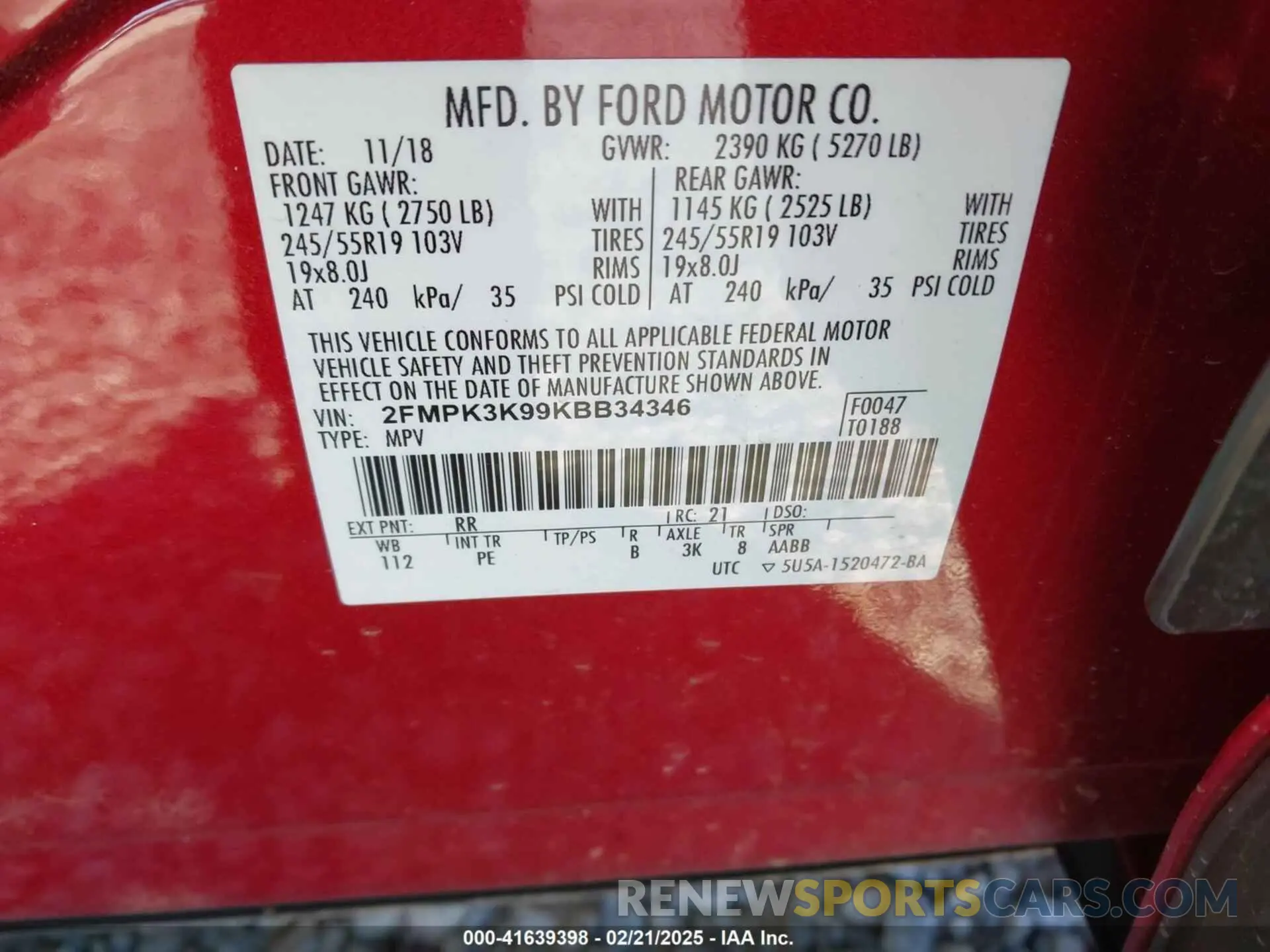 9 Photograph of a damaged car 2FMPK3K99KBB34346 FORD EDGE 2019