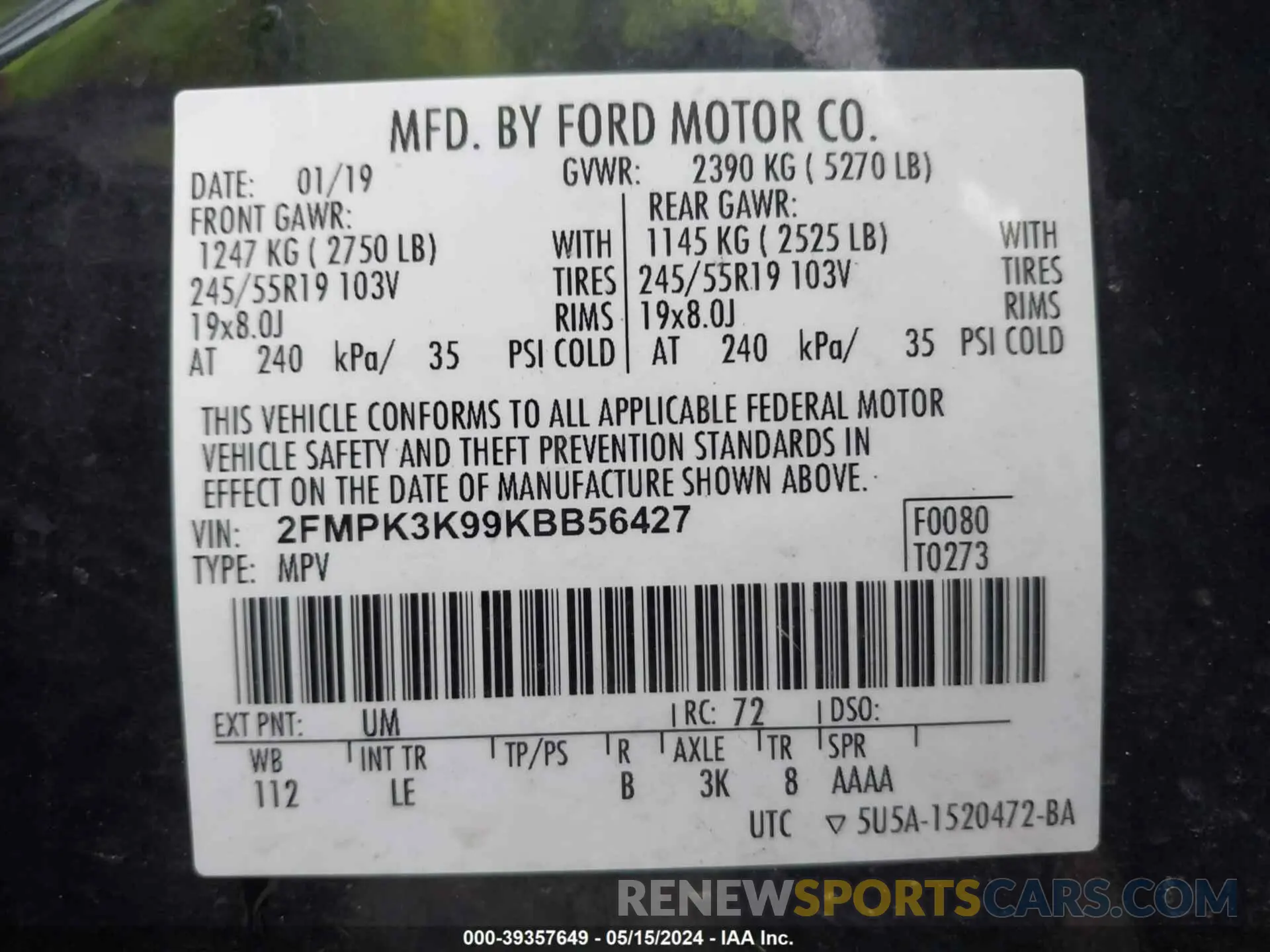 9 Photograph of a damaged car 2FMPK3K99KBB56427 FORD EDGE 2019