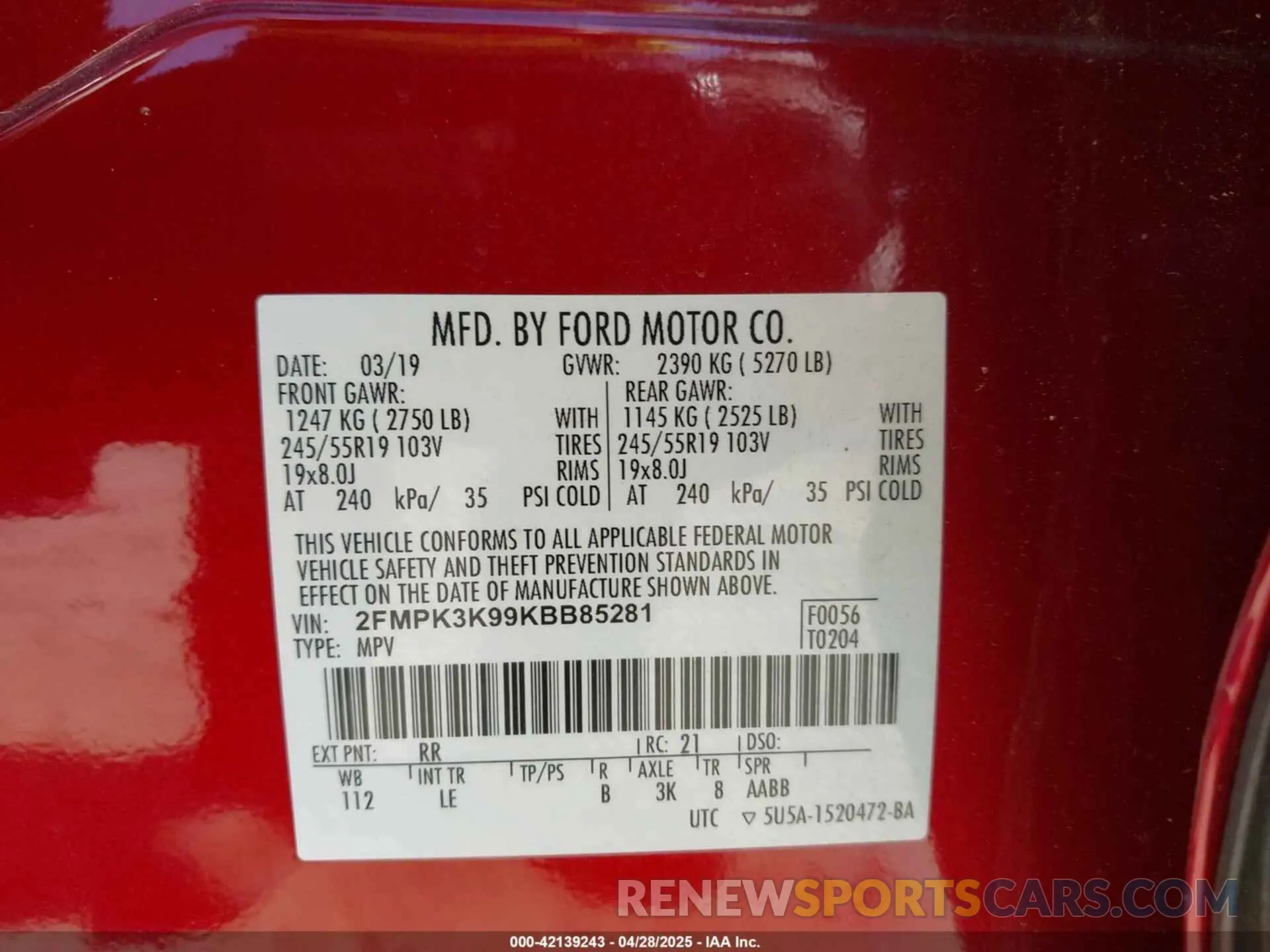 9 Photograph of a damaged car 2FMPK3K99KBB85281 FORD EDGE 2019