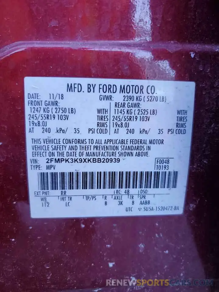 13 Photograph of a damaged car 2FMPK3K9XKBB20939 FORD EDGE 2019