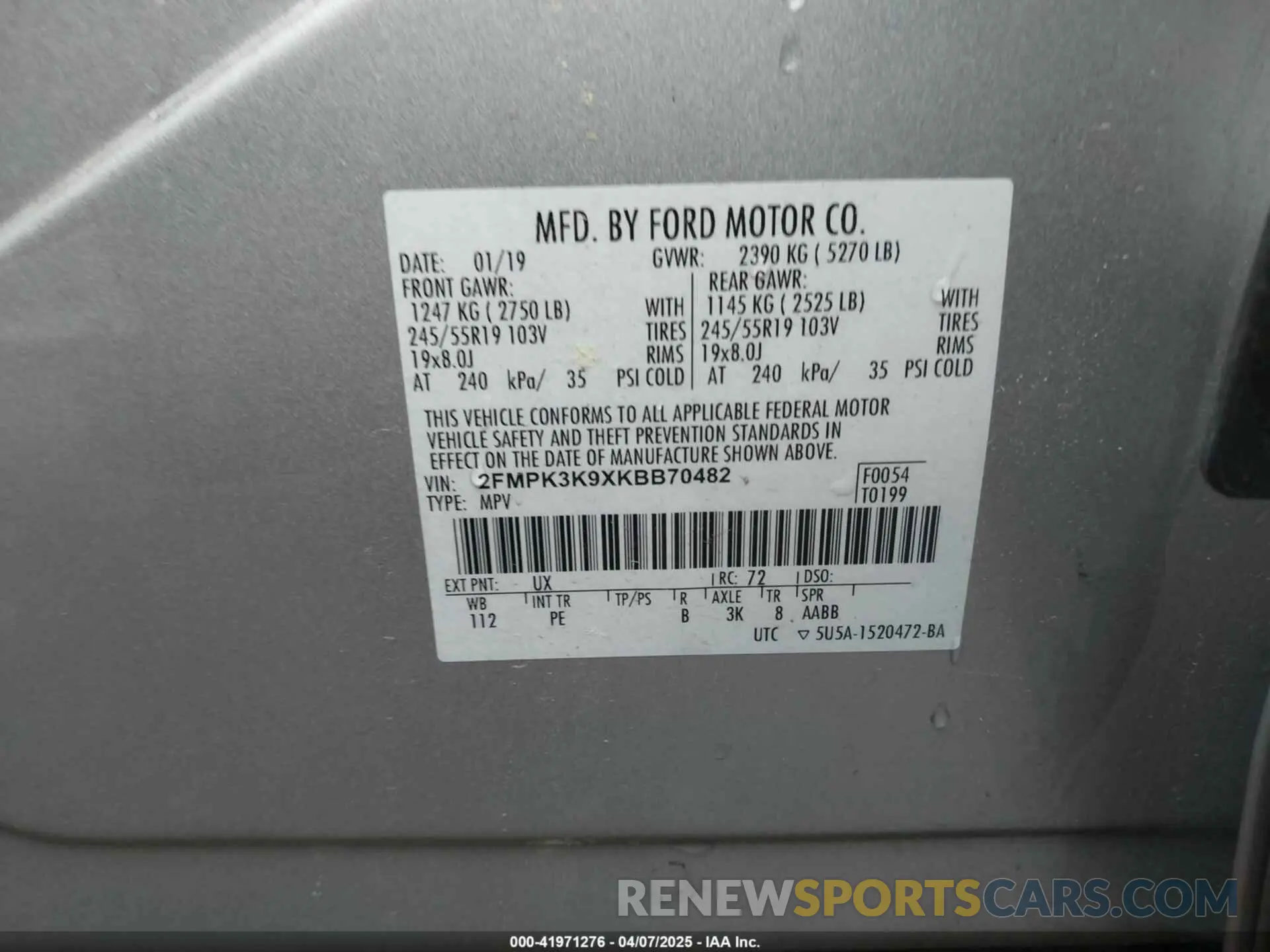 9 Photograph of a damaged car 2FMPK3K9XKBB70482 FORD EDGE 2019