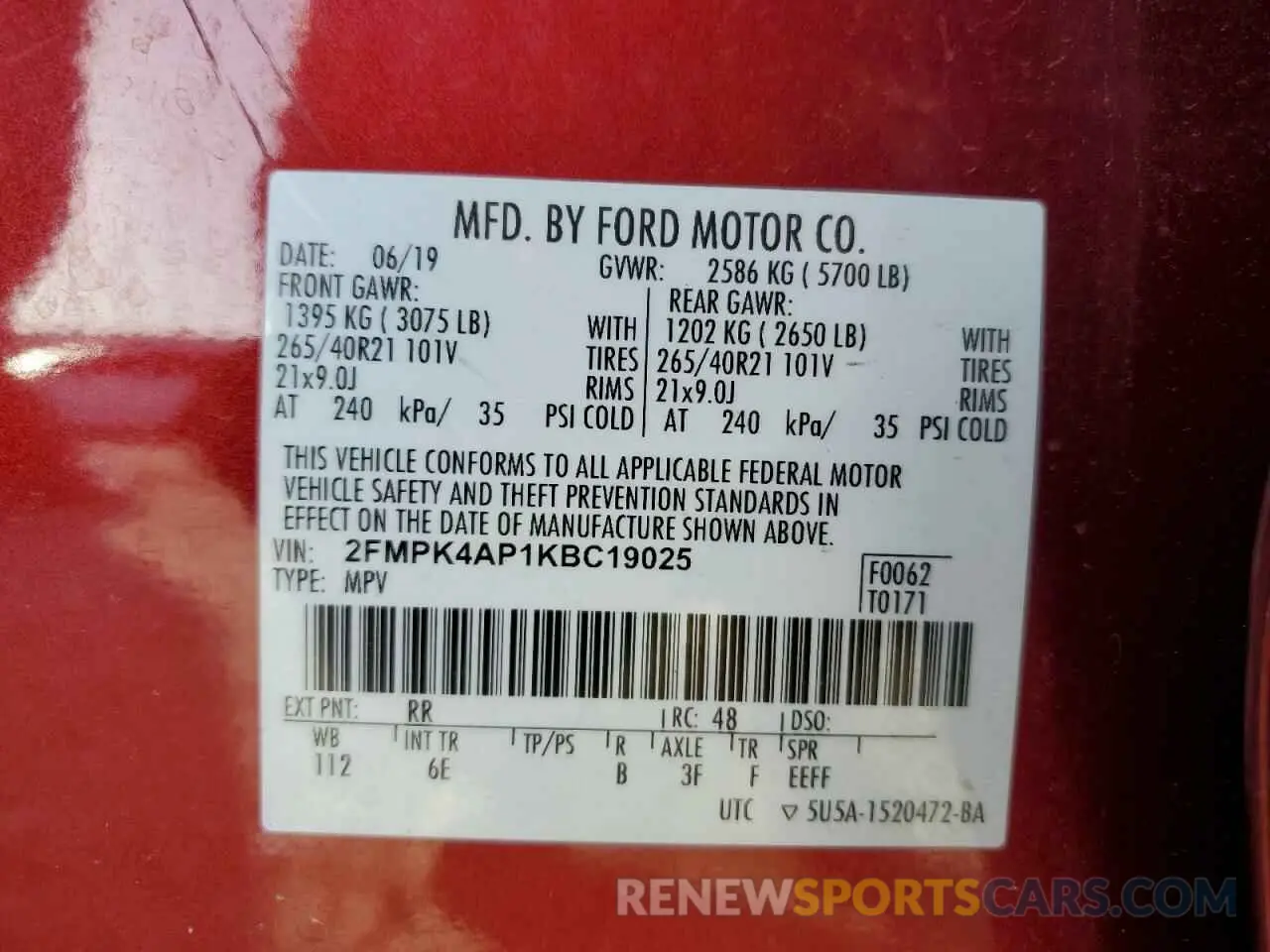 13 Photograph of a damaged car 2FMPK4AP1KBC19025 FORD EDGE 2019