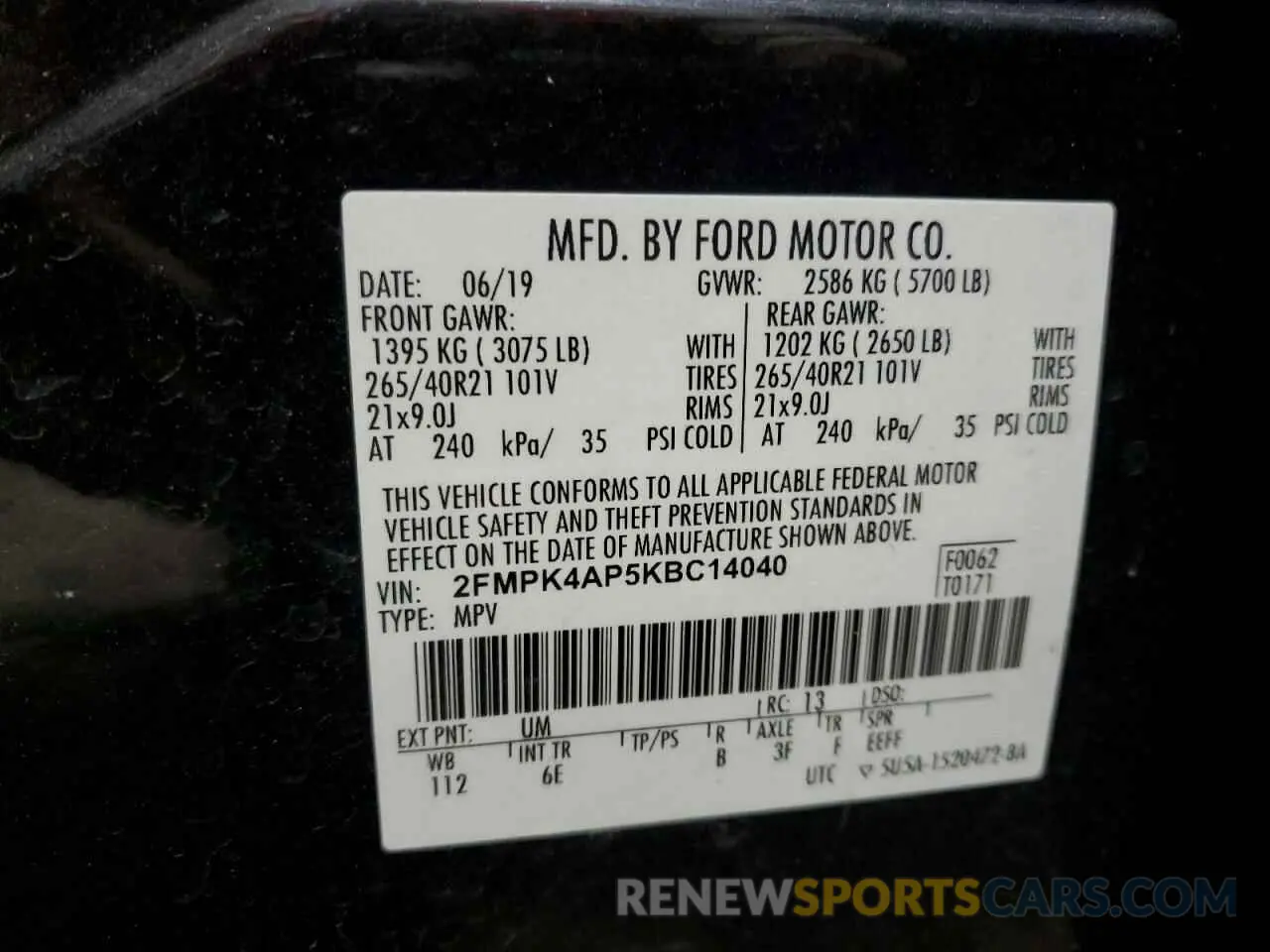 14 Photograph of a damaged car 2FMPK4AP5KBC14040 FORD EDGE 2019