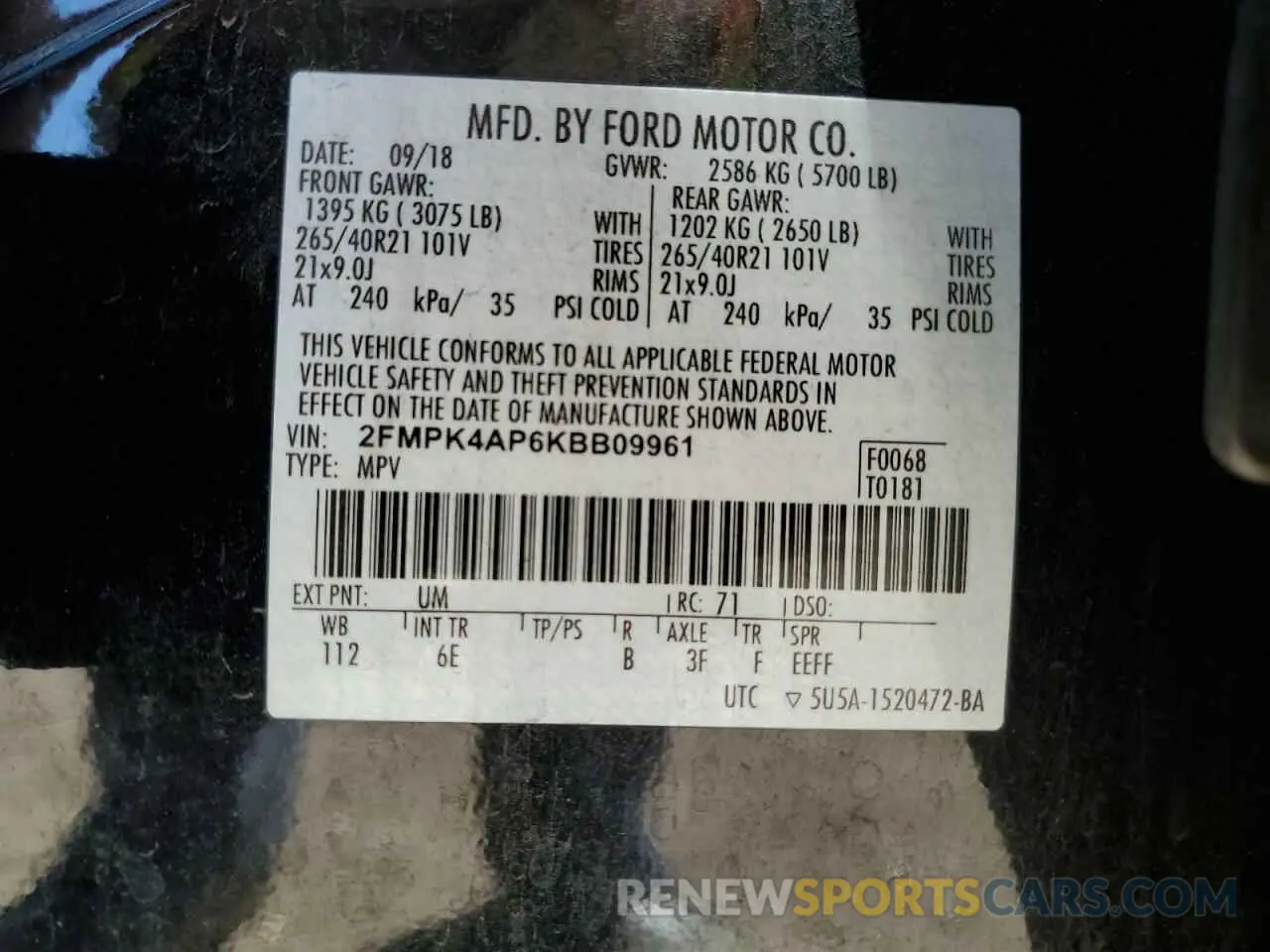 13 Photograph of a damaged car 2FMPK4AP6KBB09961 FORD EDGE 2019