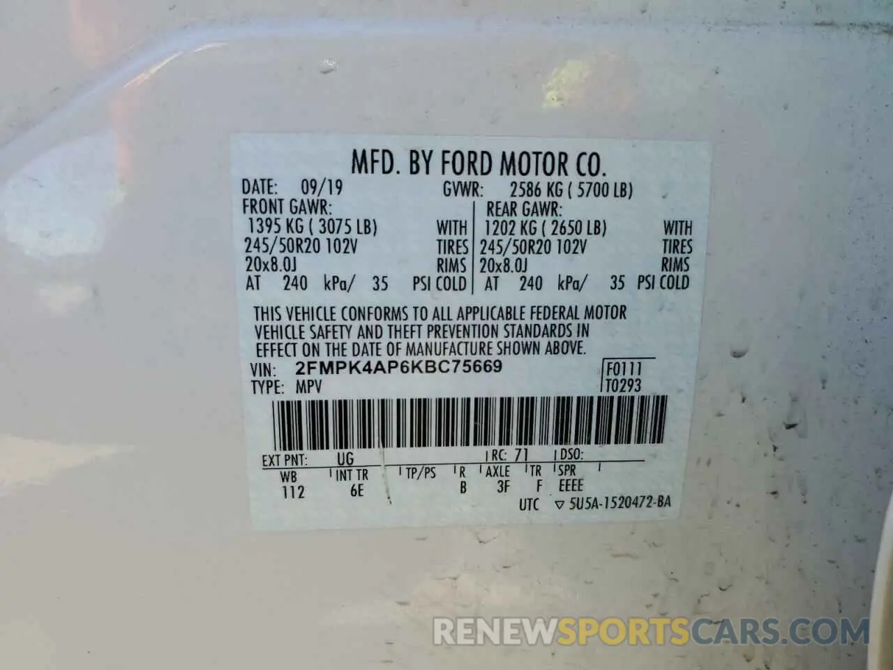 14 Photograph of a damaged car 2FMPK4AP6KBC75669 FORD EDGE 2019