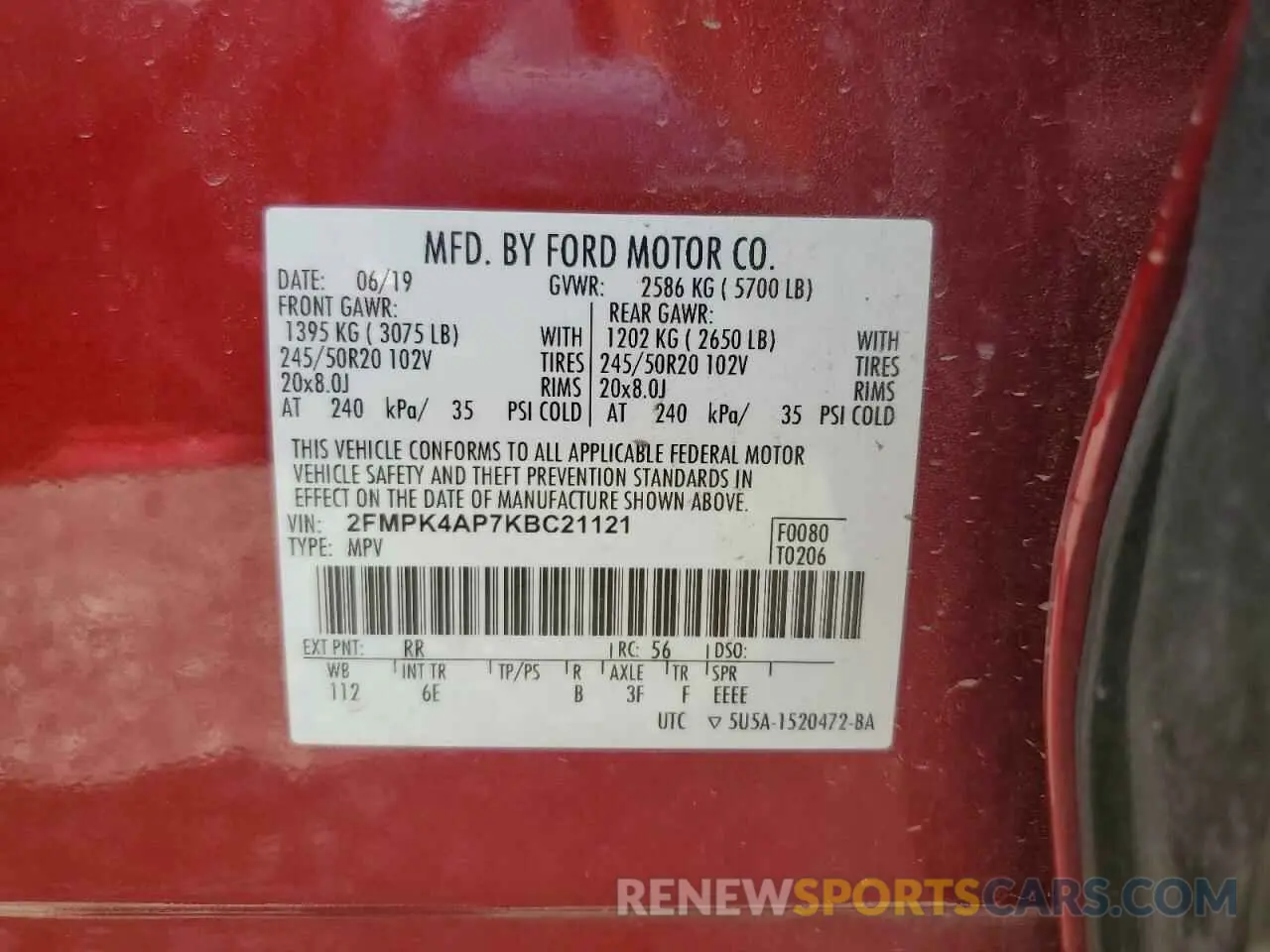 13 Photograph of a damaged car 2FMPK4AP7KBC21121 FORD EDGE 2019