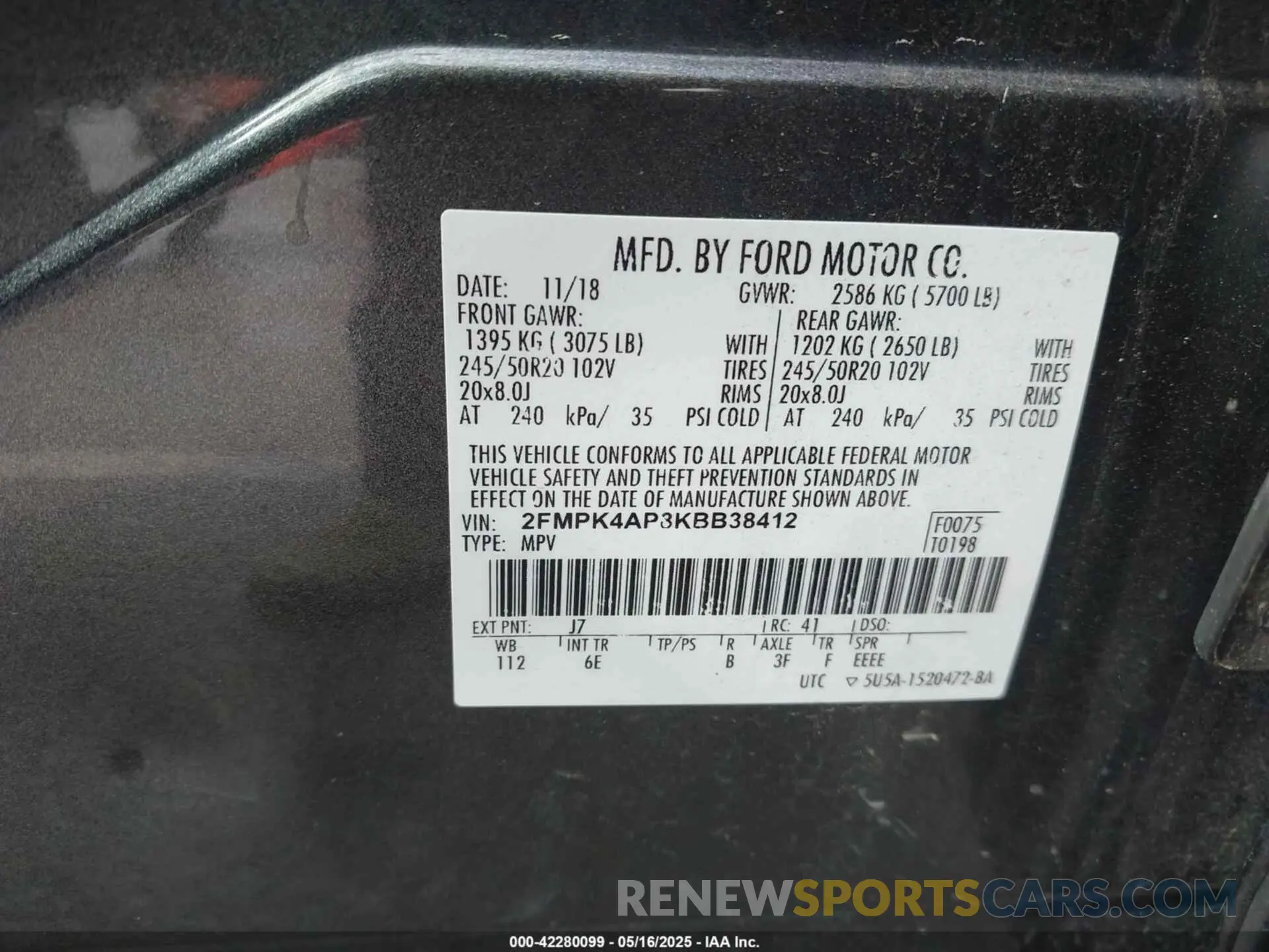9 Photograph of a damaged car 2FMPK4AP8KBB38412 FORD EDGE 2019