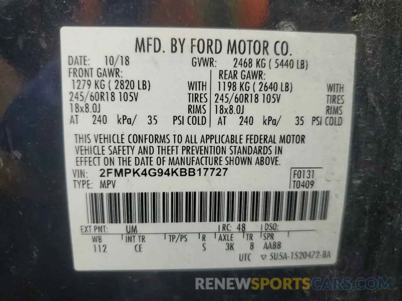 13 Photograph of a damaged car 2FMPK4G94KBB17727 FORD EDGE 2019