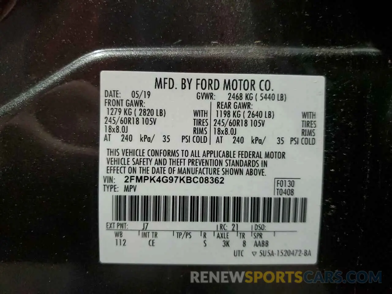 13 Photograph of a damaged car 2FMPK4G97KBC08362 FORD EDGE 2019