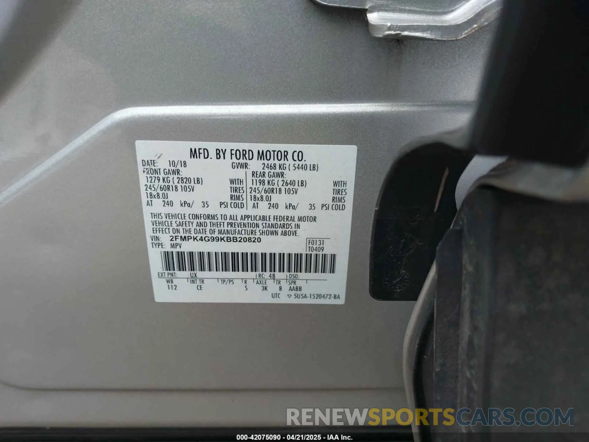 9 Photograph of a damaged car 2FMPK4G99KBB20820 FORD EDGE 2019