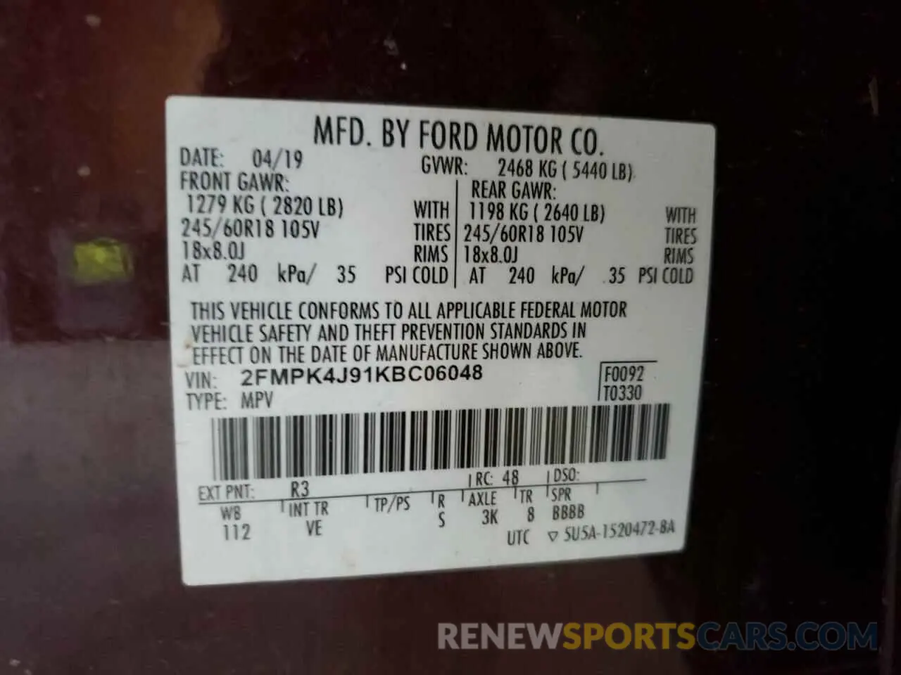 13 Photograph of a damaged car 2FMPK4J91KBC06048 FORD EDGE 2019