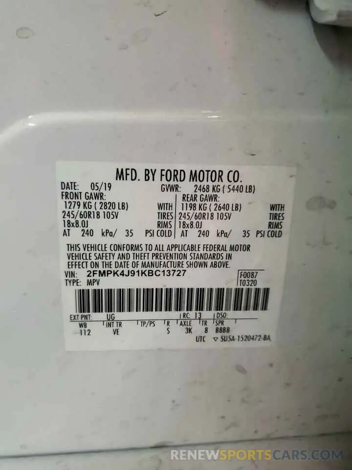 14 Photograph of a damaged car 2FMPK4J91KBC13727 FORD EDGE 2019