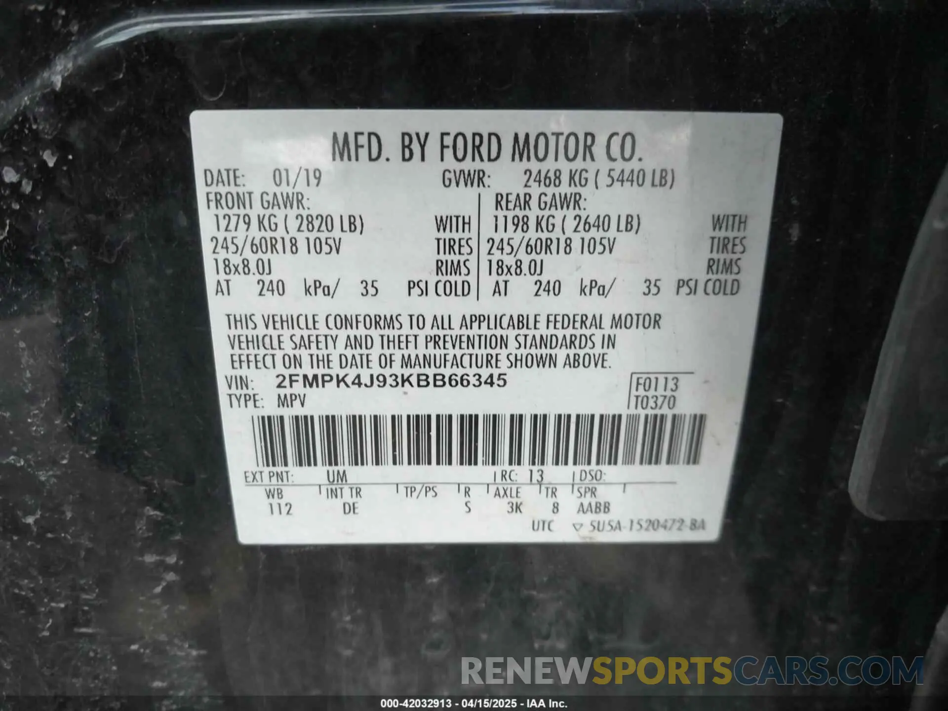 9 Photograph of a damaged car 2FMPK4J93KBB66345 FORD EDGE 2019