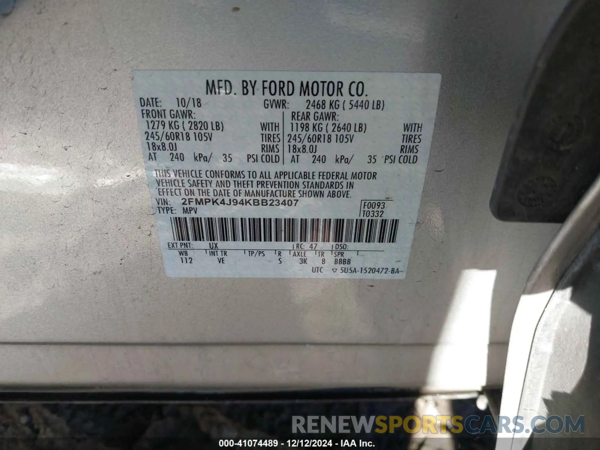 9 Photograph of a damaged car 2FMPK4J94KBB23407 FORD EDGE 2019