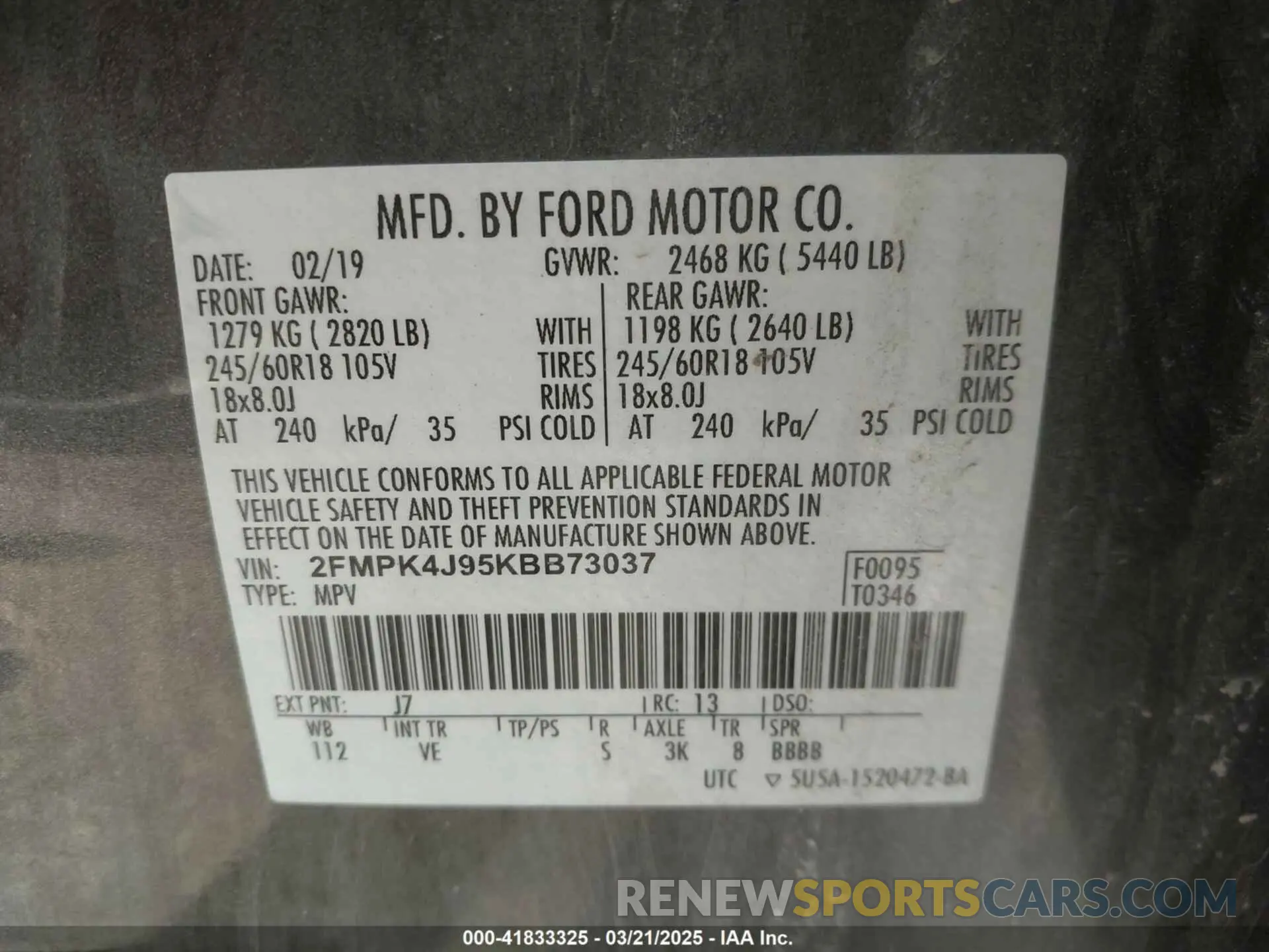 9 Photograph of a damaged car 2FMPK4J95KBB73037 FORD EDGE 2019
