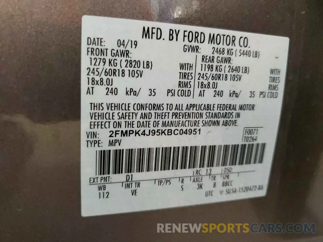 13 Photograph of a damaged car 2FMPK4J95KBC04951 FORD EDGE 2019