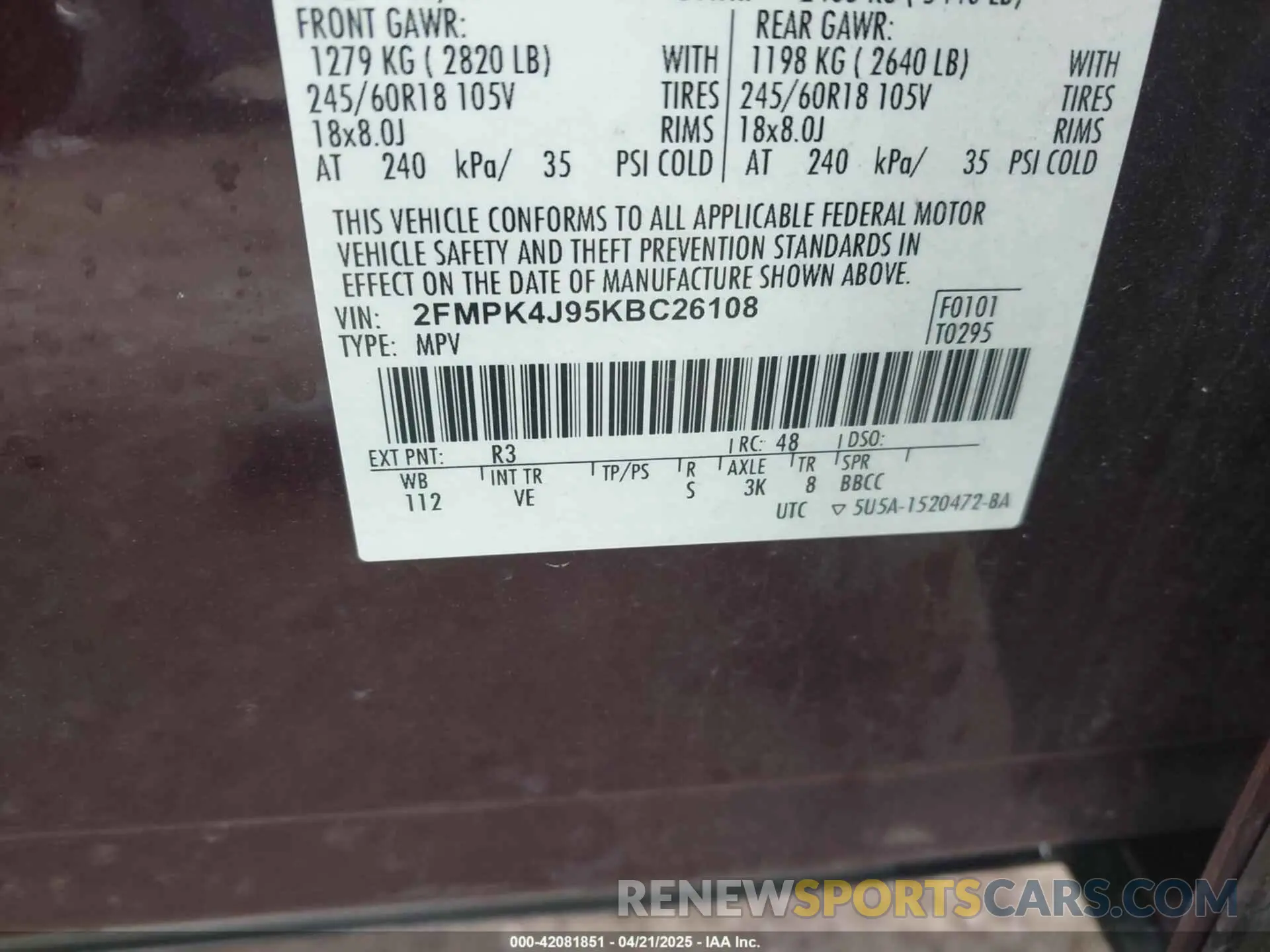9 Photograph of a damaged car 2FMPK4J95KBC26108 FORD EDGE 2019