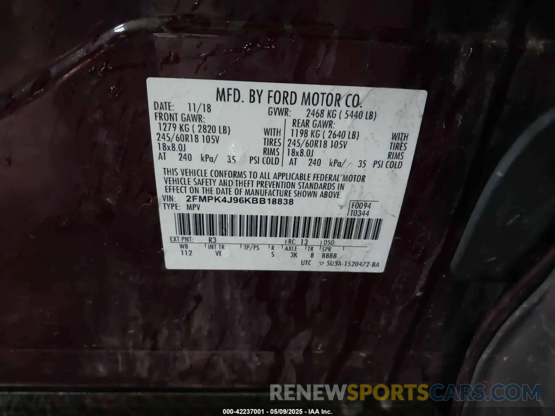 9 Photograph of a damaged car 2FMPK4J96KBB18838 FORD EDGE 2019