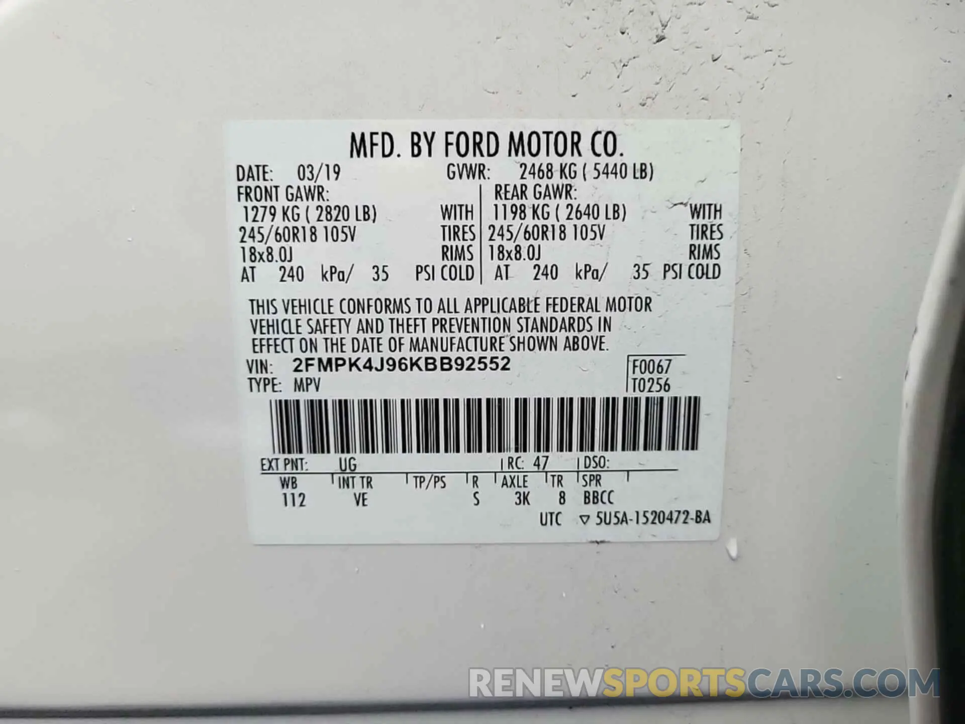 5 Photograph of a damaged car 2FMPK4J96KBB92552 FORD EDGE 2019