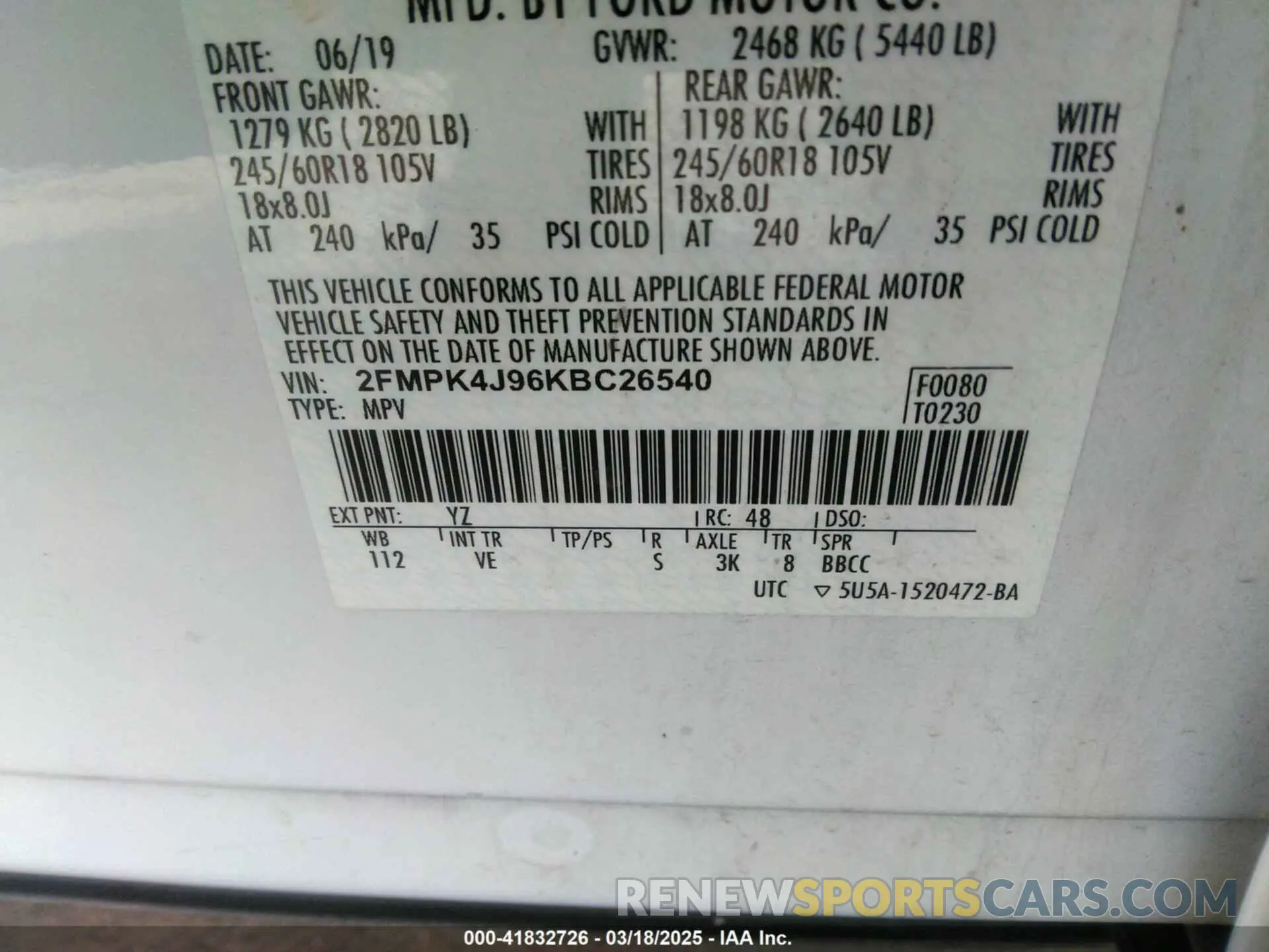 9 Photograph of a damaged car 2FMPK4J96KBC26540 FORD EDGE 2019