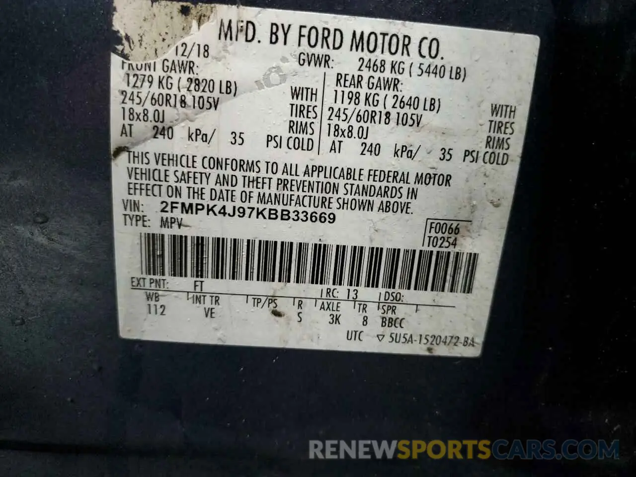 13 Photograph of a damaged car 2FMPK4J97KBB33669 FORD EDGE 2019