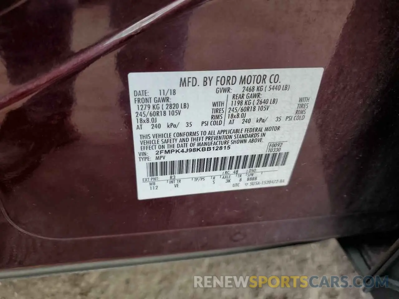 13 Photograph of a damaged car 2FMPK4J98KBB12815 FORD EDGE 2019