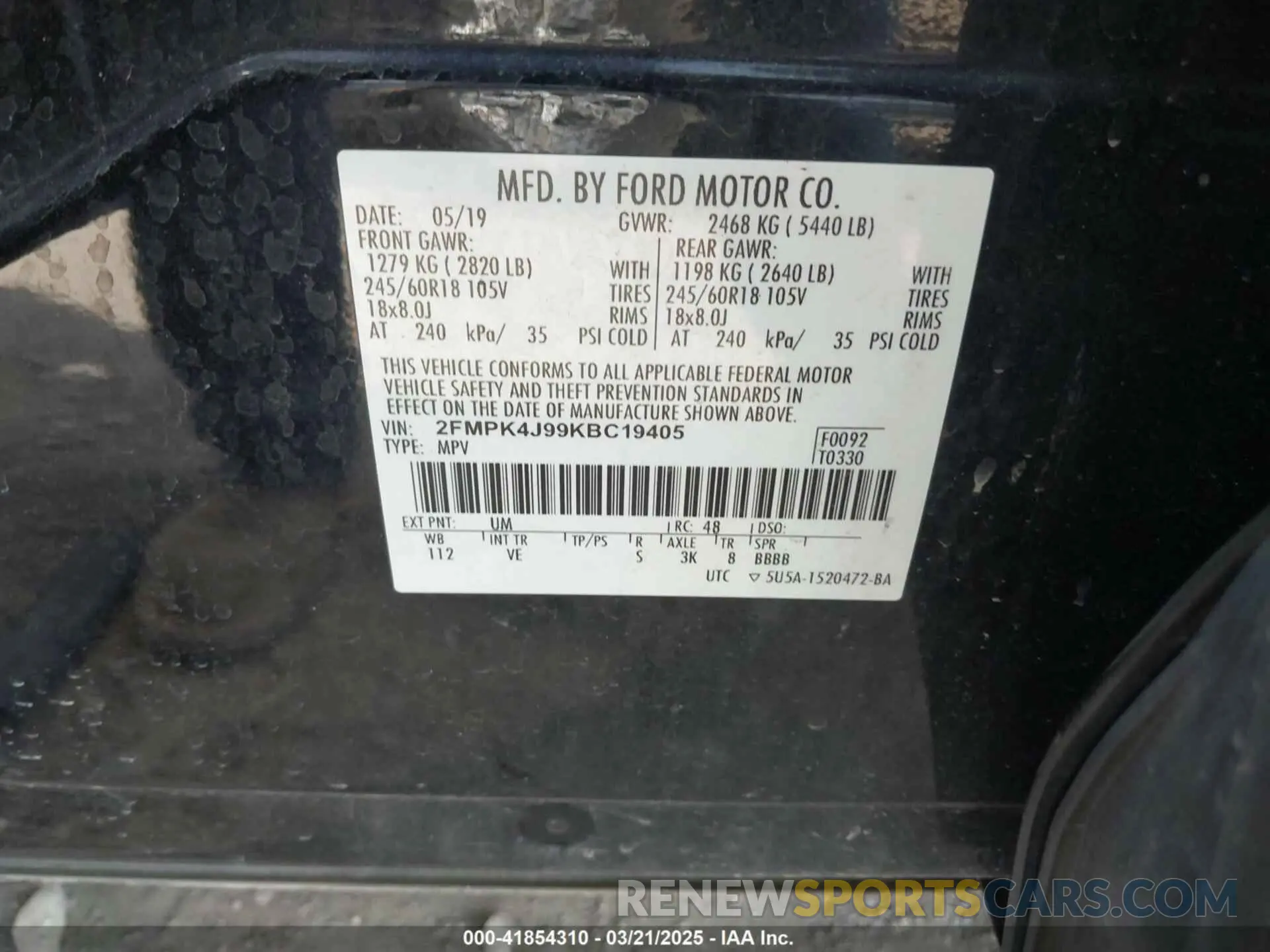 9 Photograph of a damaged car 2FMPK4J99KBC19405 FORD EDGE 2019