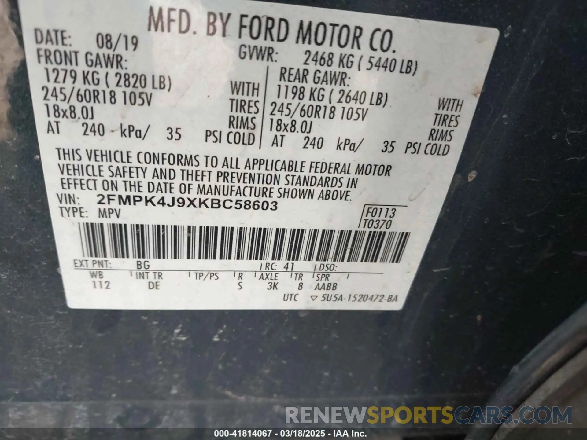 9 Photograph of a damaged car 2FMPK4J9XKBC58603 FORD EDGE 2019