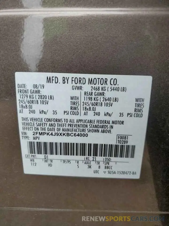 13 Photograph of a damaged car 2FMPK4J9XKBC64000 FORD EDGE 2019